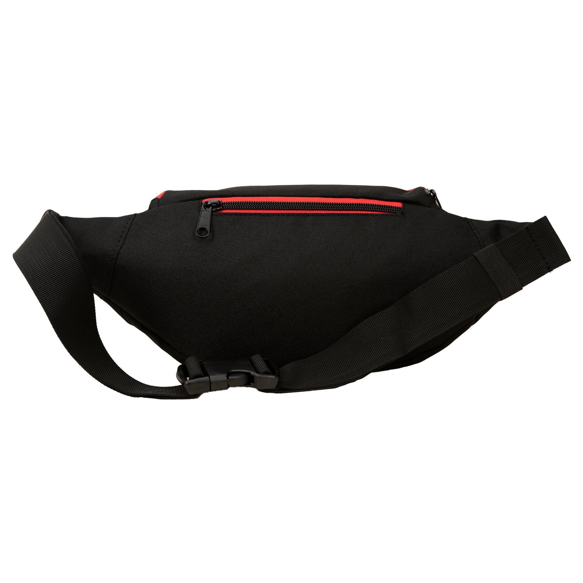 Black fanny pack with red zipper, adjustable strap, urban streetwear accessory for outdoor adventures