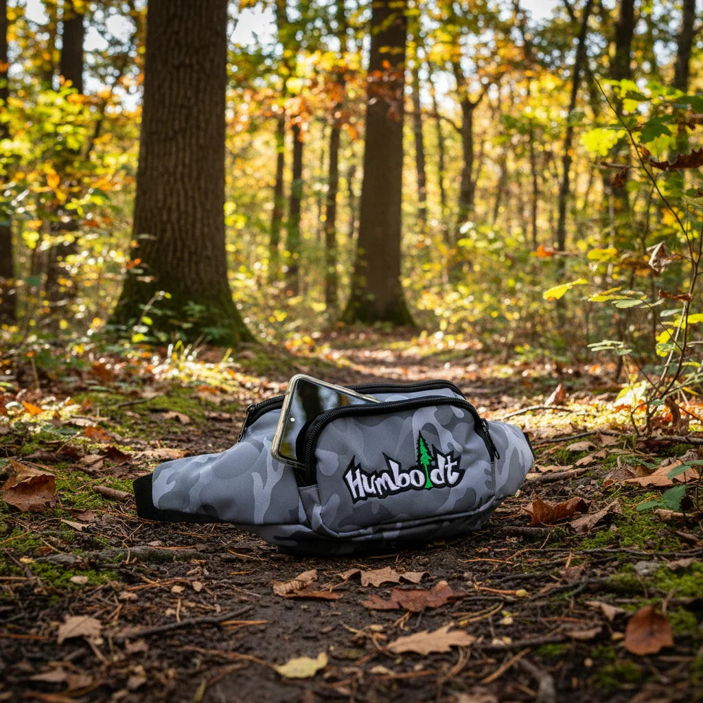 Gray camo fanny pack with Humboldt logo in autumn forest, phone peeking out, outdoor adventure gear