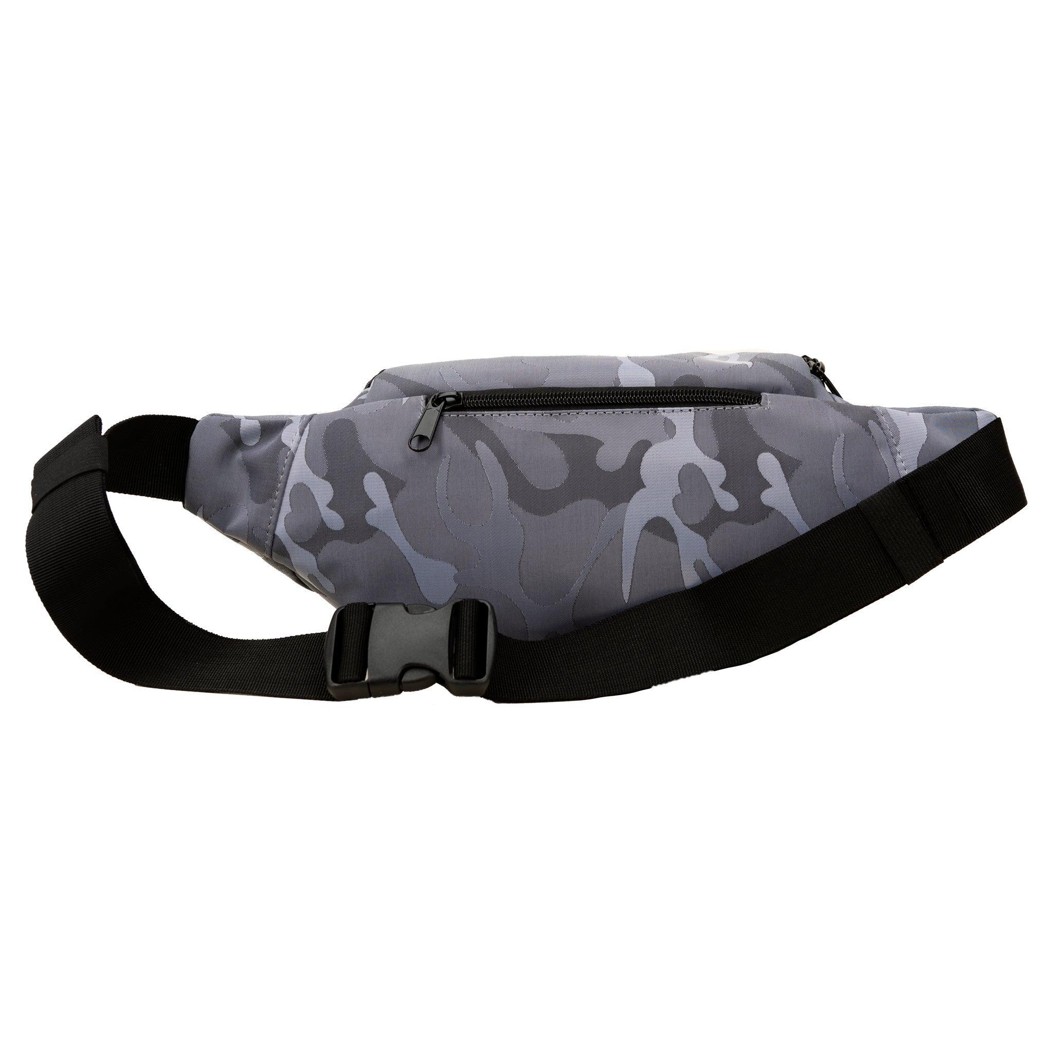Gray camo fanny pack with black strap and buckle, ideal for outdoor adventures and streetwear style.
