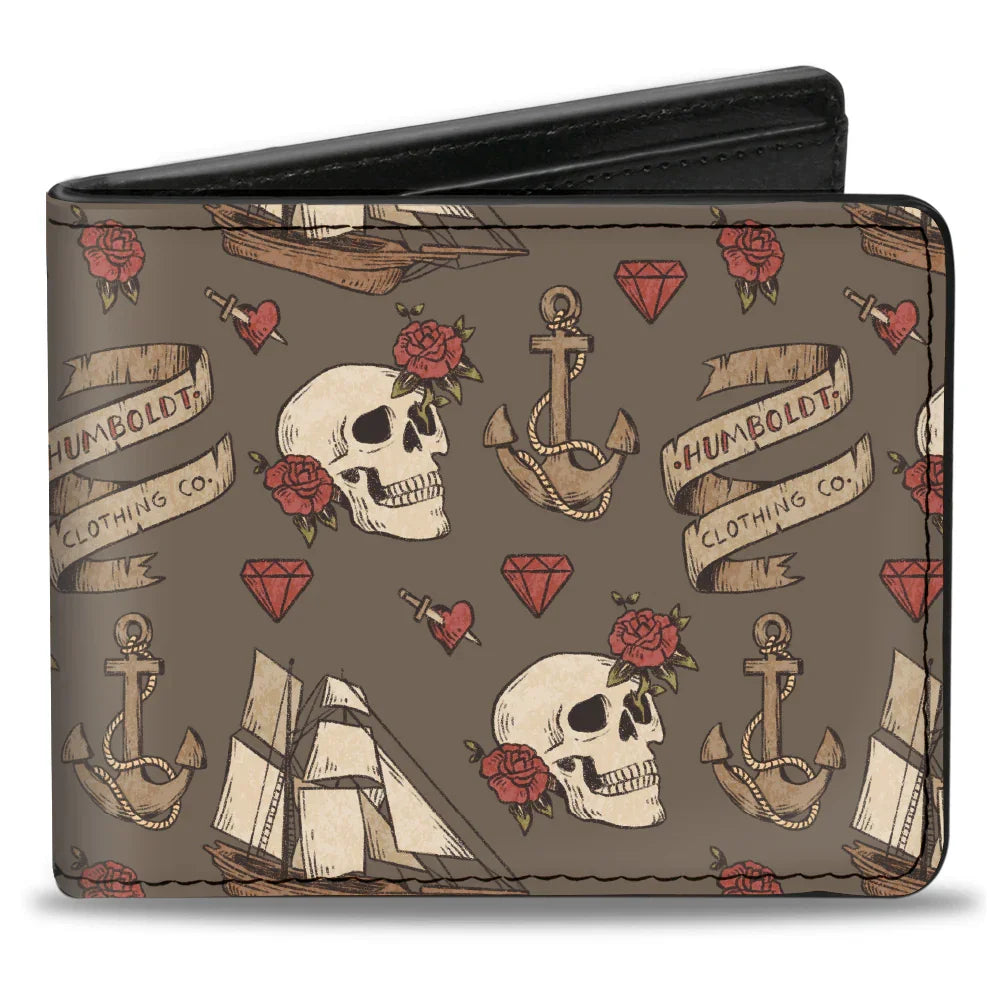 Tattoo-style wallet with skulls, roses, anchors, and Humboldt Clothing Co. banners on brown background