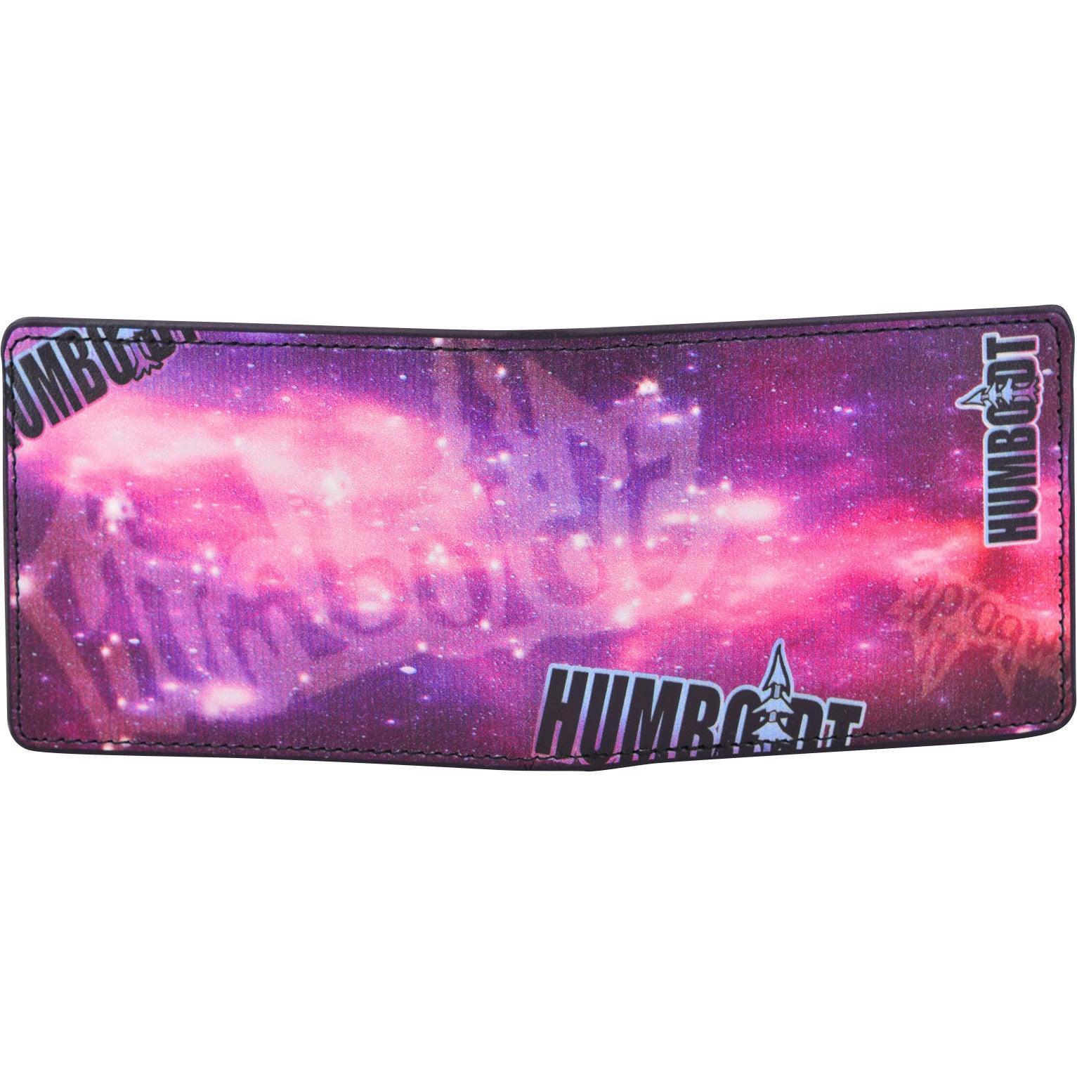 Humboldt galaxy print wallet with cosmic purple pink design and brand logo accents