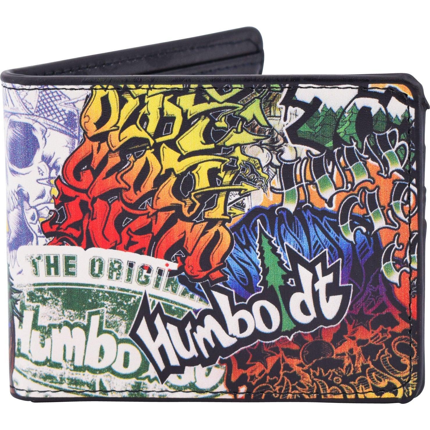 Vibrant graffiti-style wallet with 'The Original Humbo dt' text, bold colors, and urban streetwear design.