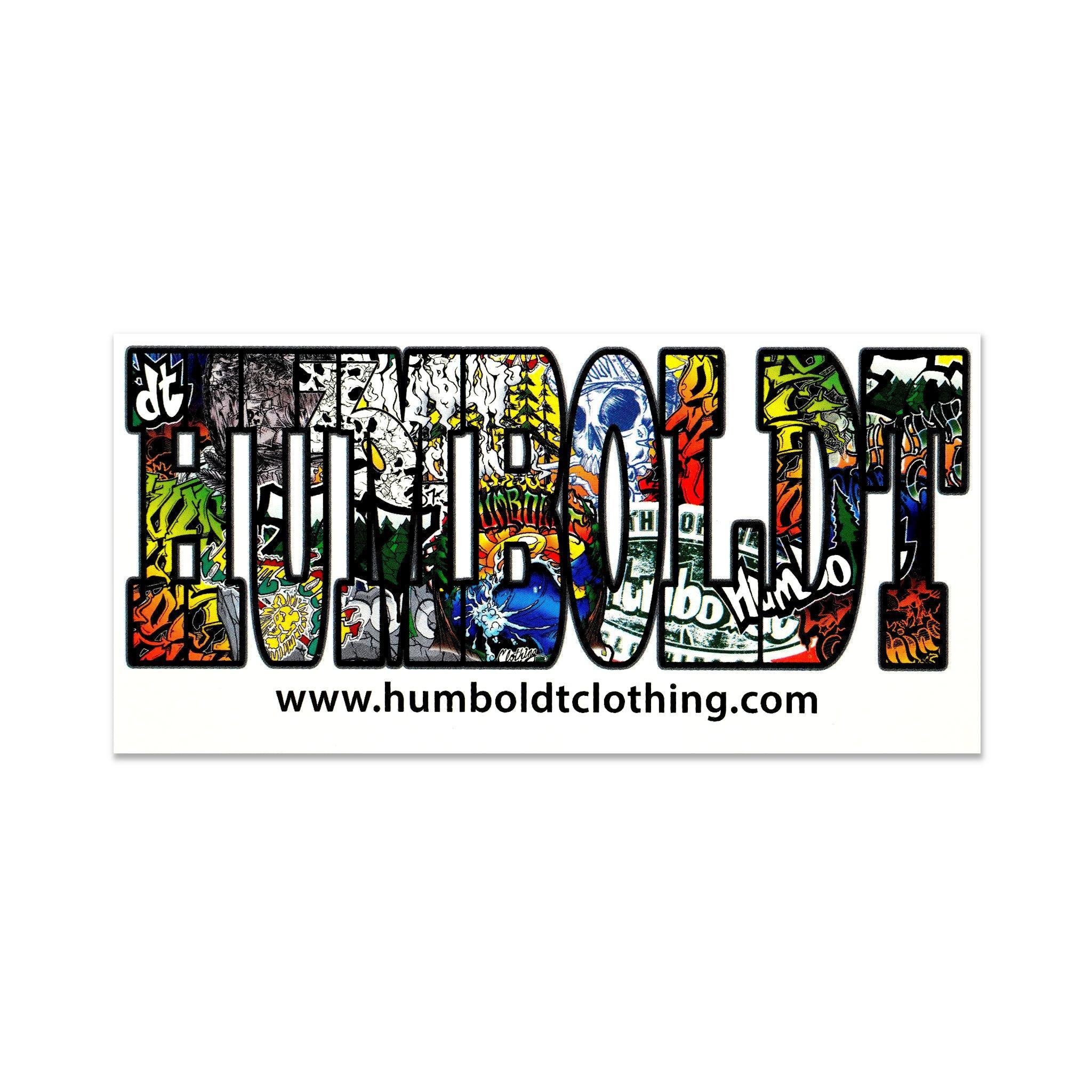 Humboldt DT Clothing sticker with vibrant graffiti-style artwork and website URL, reflecting Northern California streetwear culture.