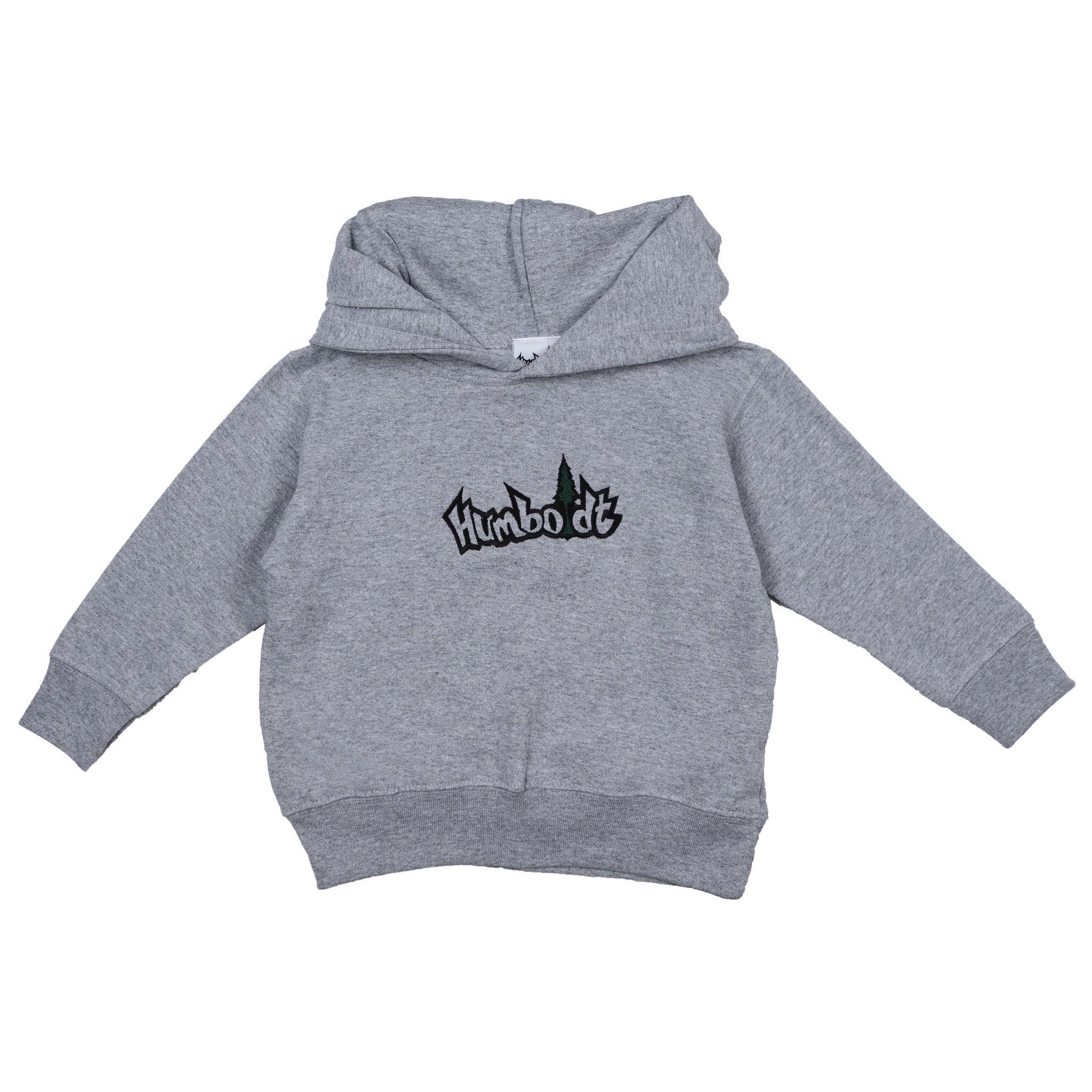 Gray kids hoodie with 'Humboldt' tree graphic, blending outdoor and streetwear style for Northern California vibes.