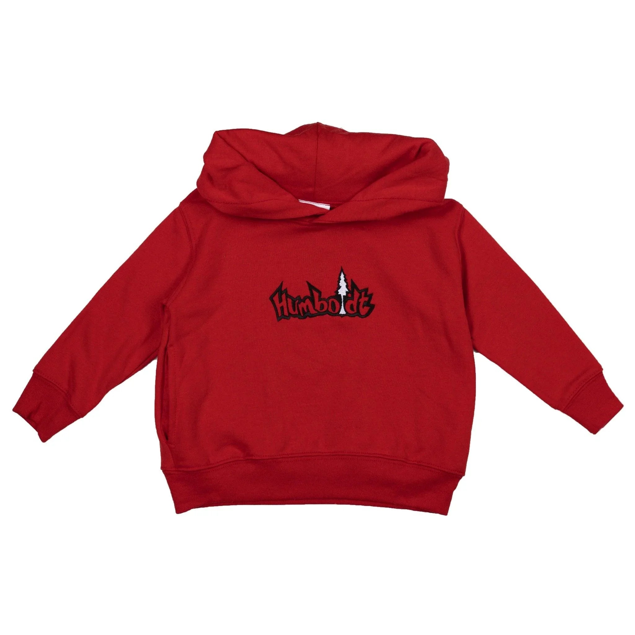 Red kids hoodie with Humboldt tree logo, outdoor streetwear style for Northern California vibes