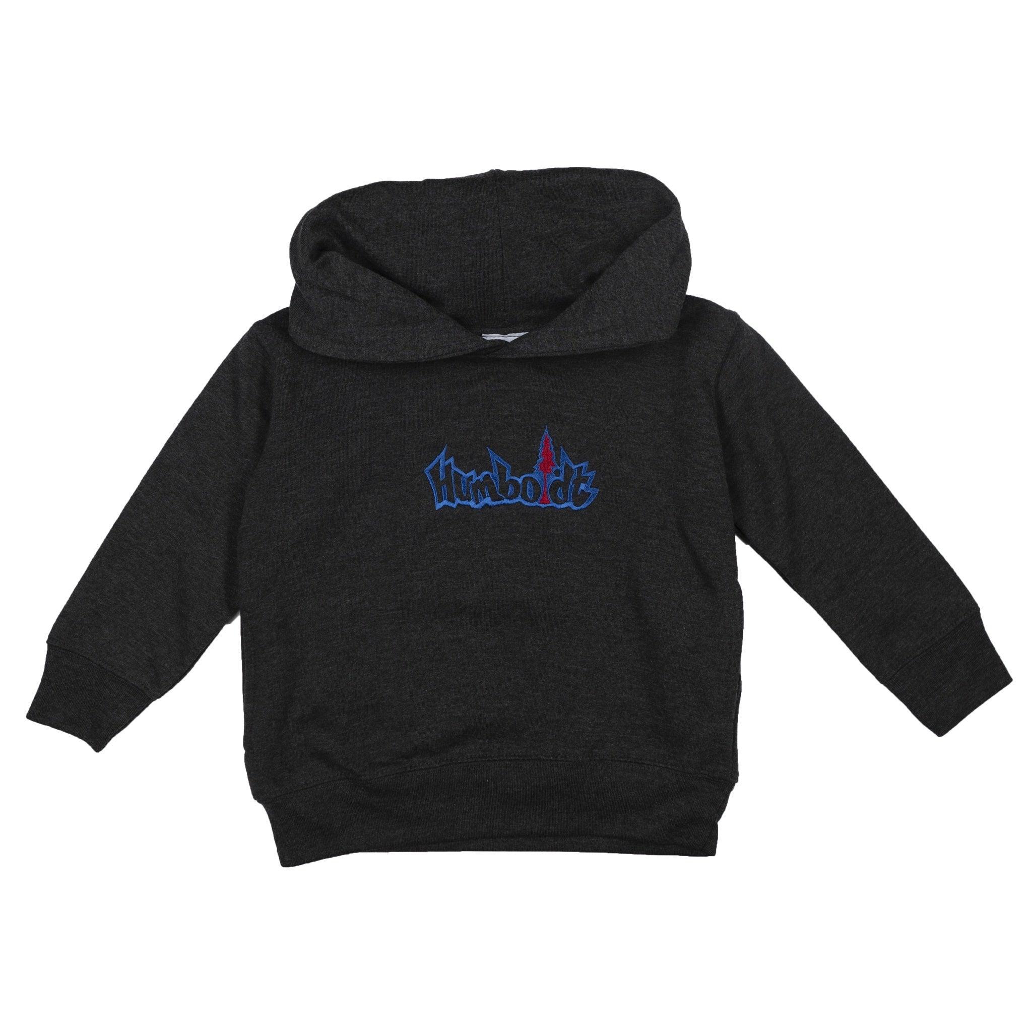 Dark gray kids hoodie with embroidered Humboldt logo in blue and red, featuring outdoor streetwear style.
