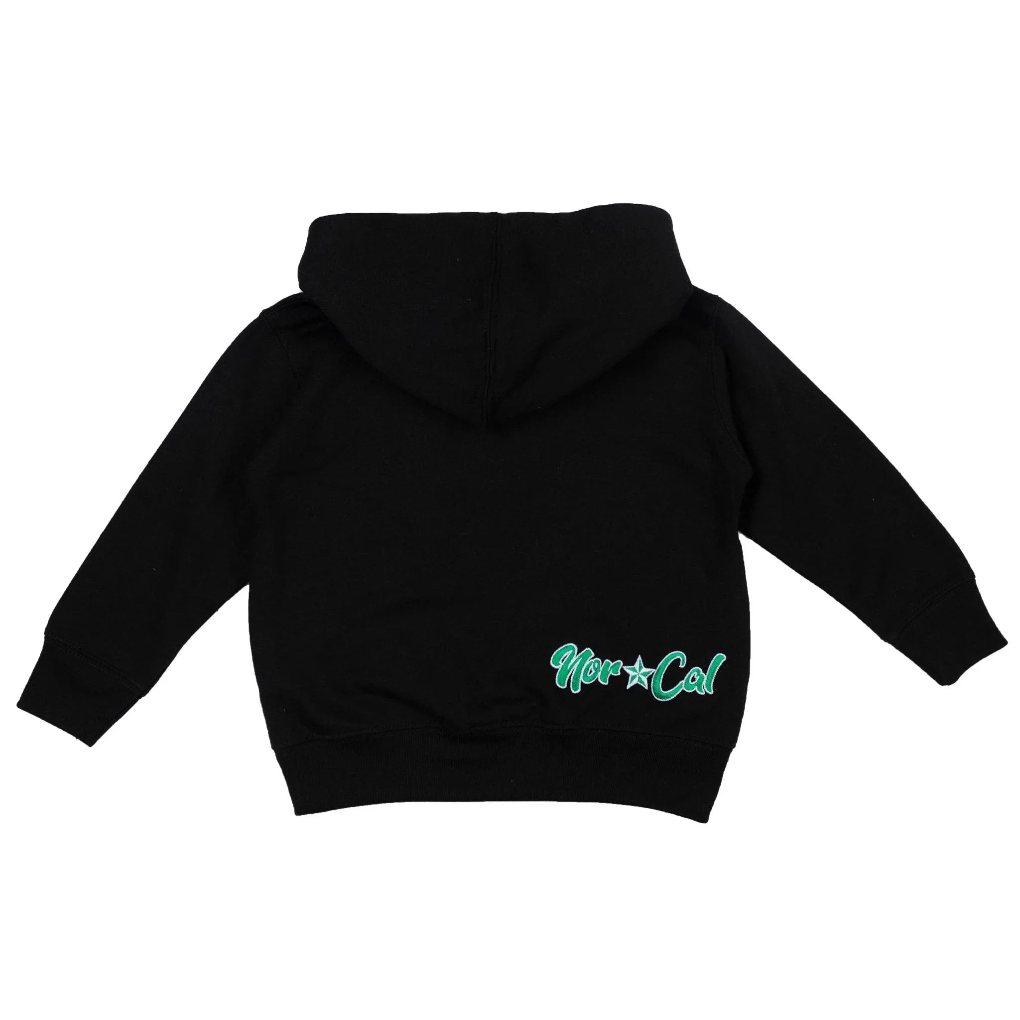 Black kids hoodie with green Nor Cal logo, Northern California streetwear style
