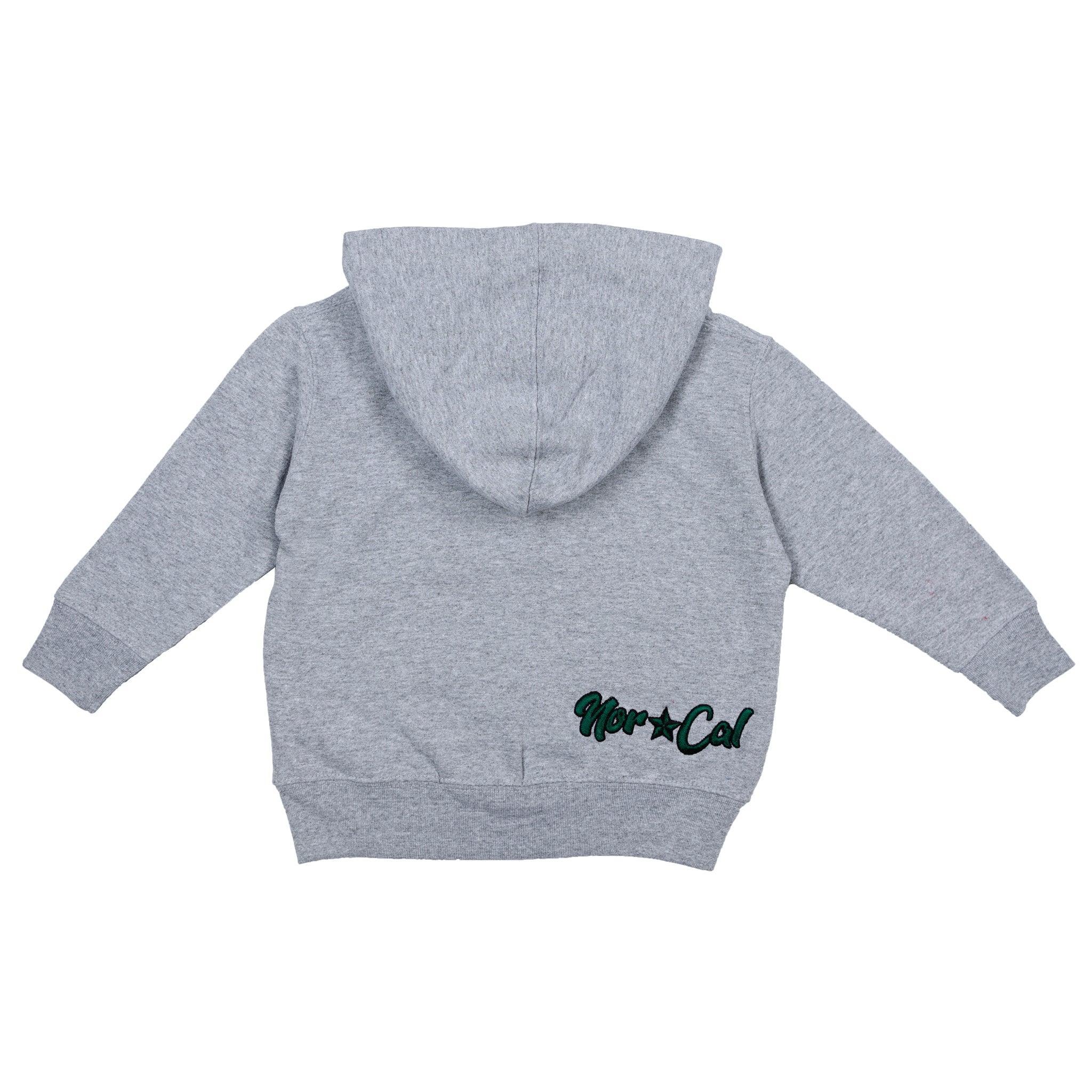Gray kids hoodie with Nor Cal embroidery, blending outdoor and streetwear style for Northern California vibes.