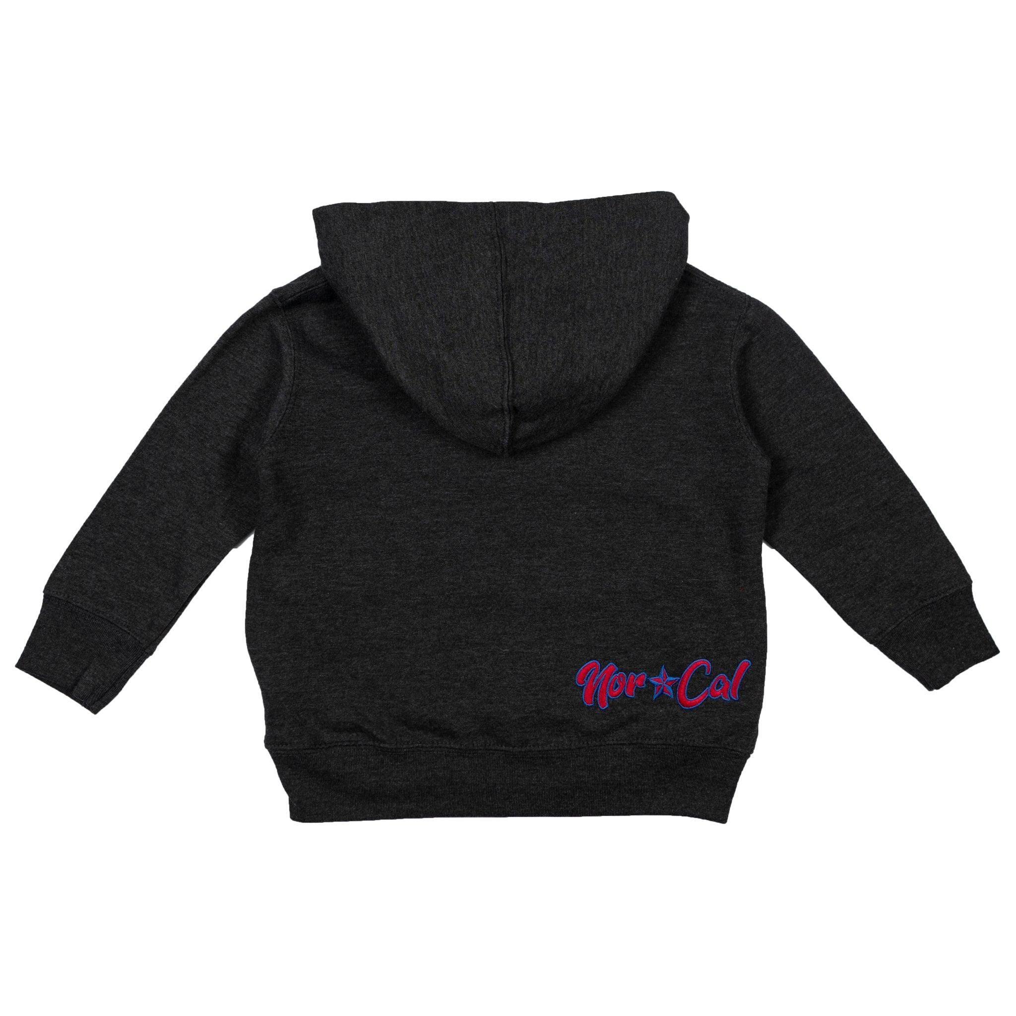 Dark gray kids hoodie with Nor Cal logo, blending Northern California outdoors style and streetwear.