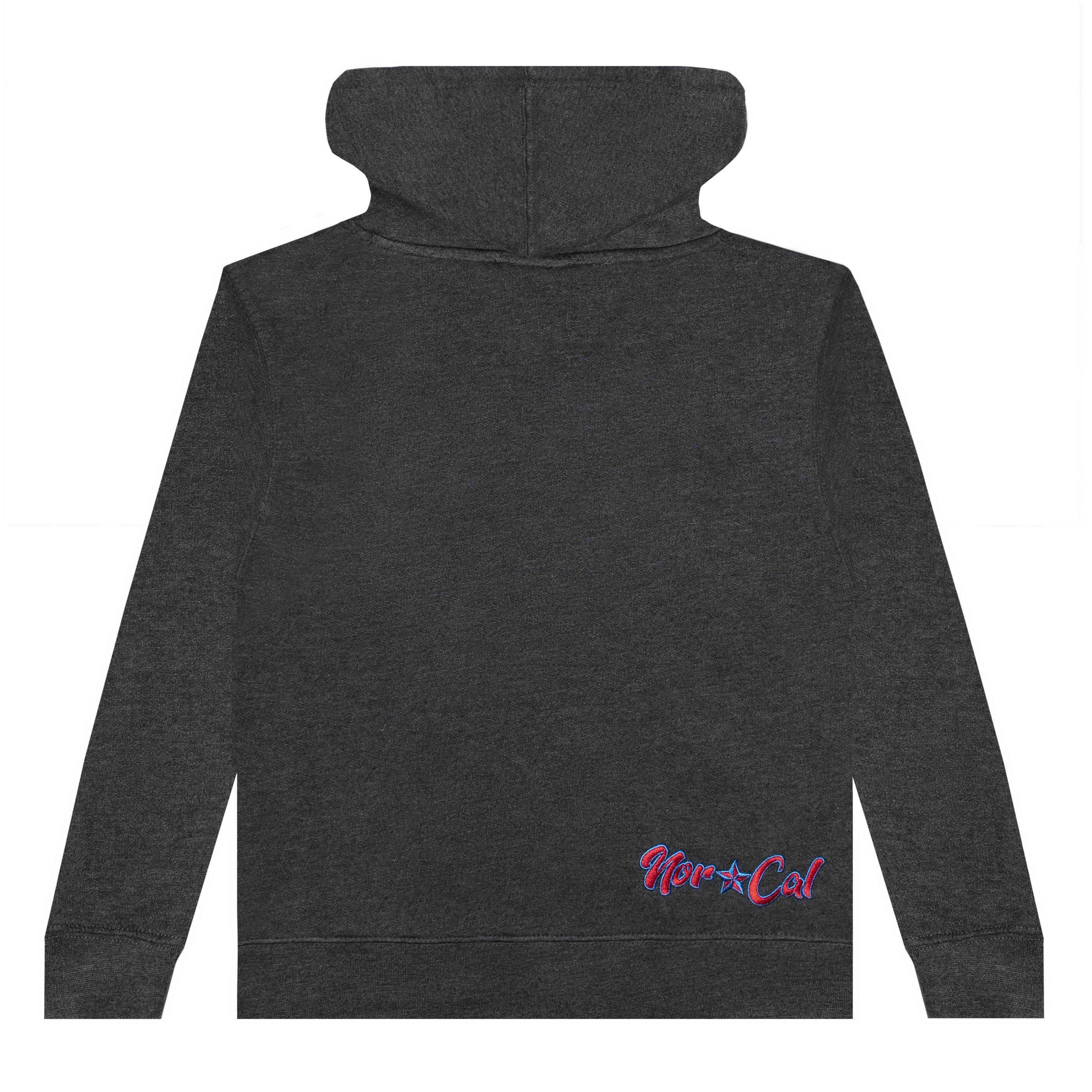 Dark gray hoodie with red and blue 'Nor-Cal' embroidery, blending outdoor and streetwear style.