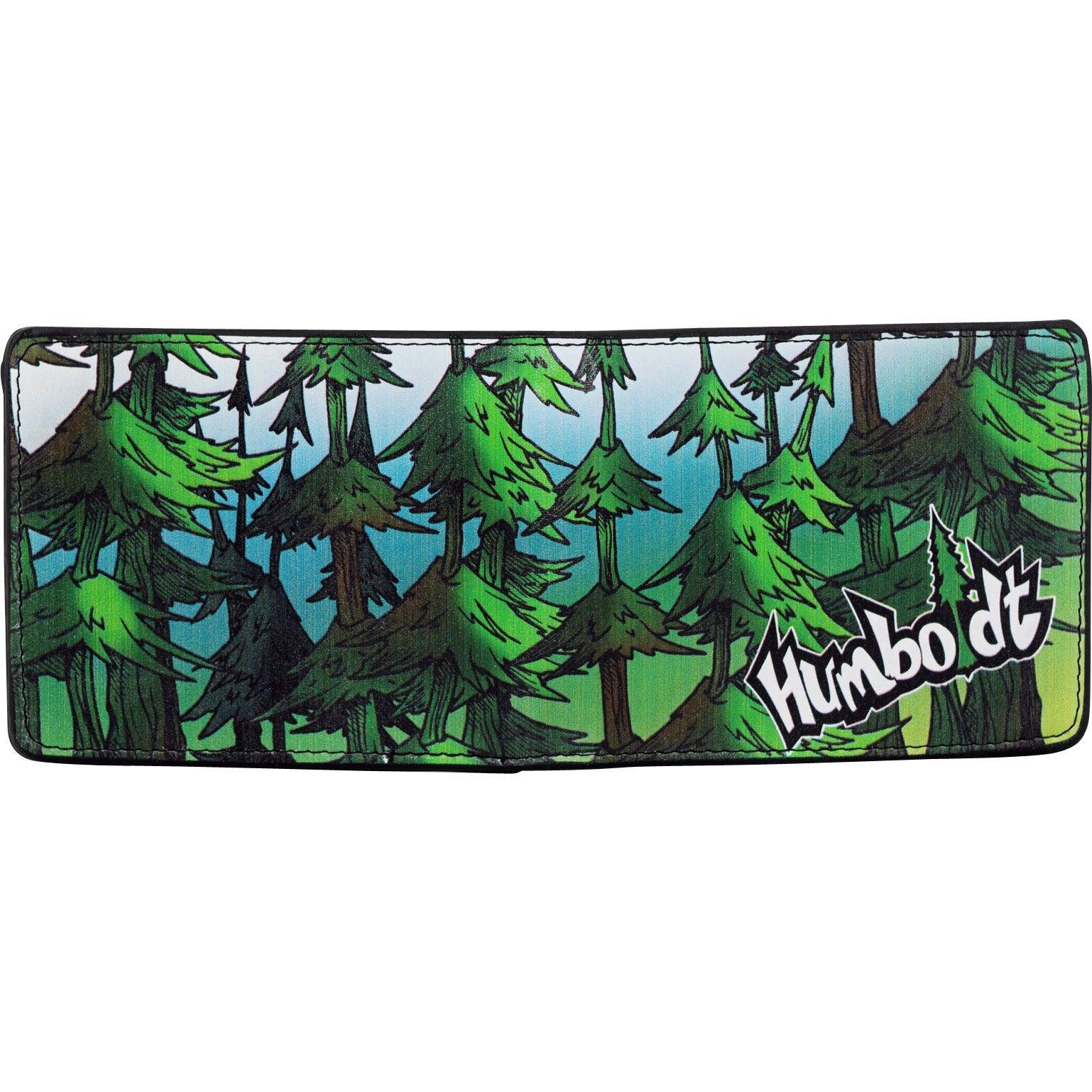Forest-themed wallet with green pine trees and 'Humbo dt' logo, blending outdoor style with streetwear design.