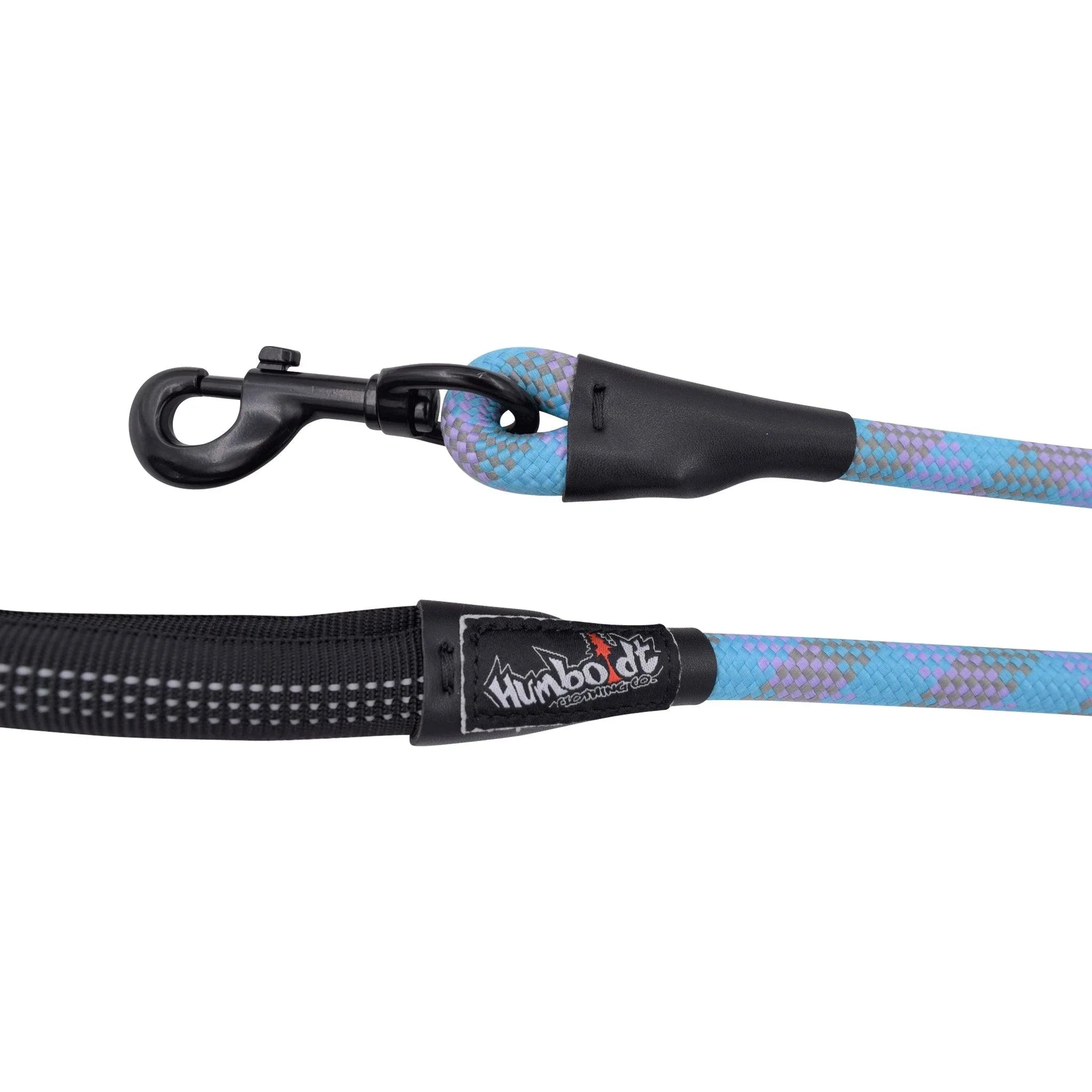 Humboldt Clothing Company dog leash with blue purple woven rope, black handle, and metal clip