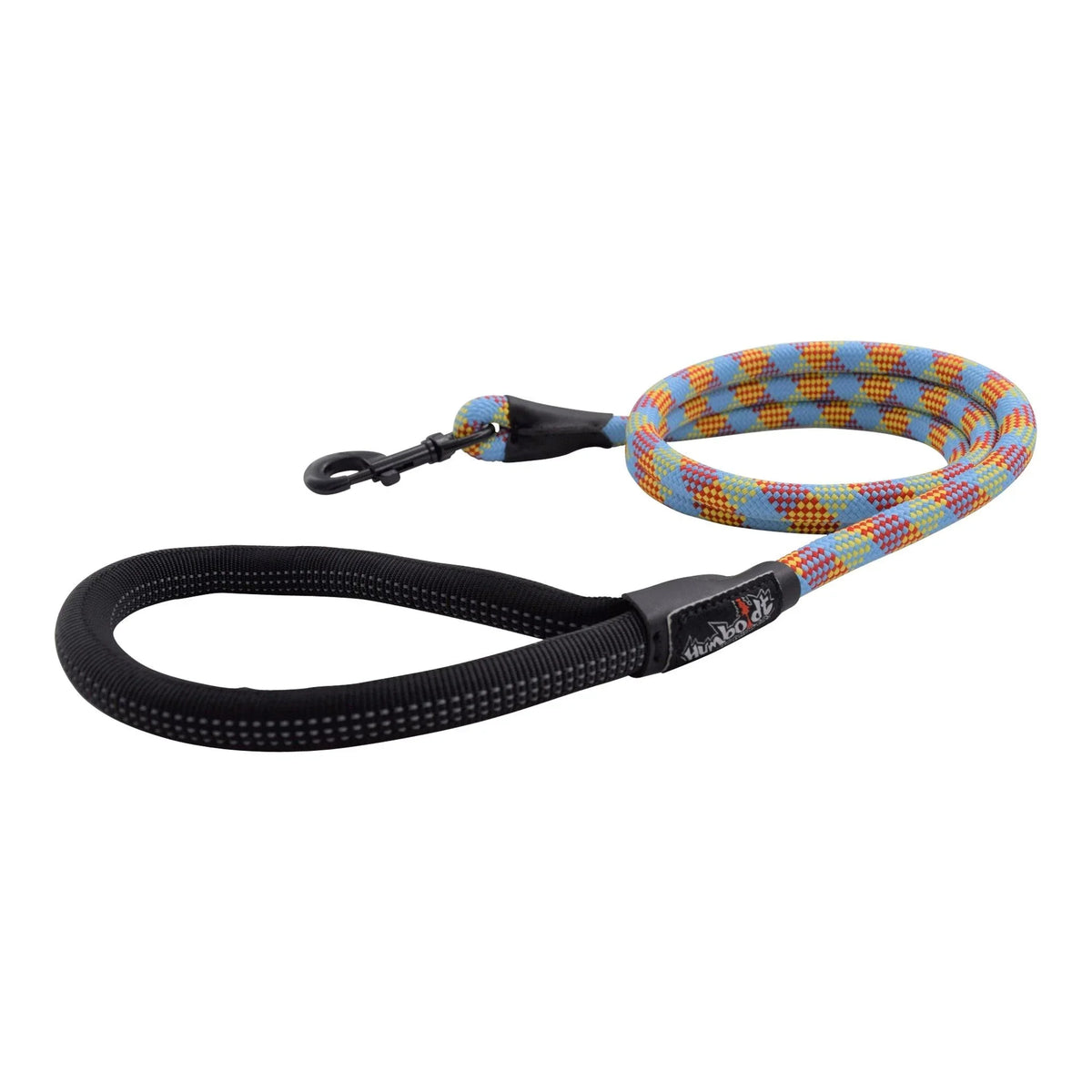 Colorful patterned dog leash with black handle and clip, featuring Humboldt branding