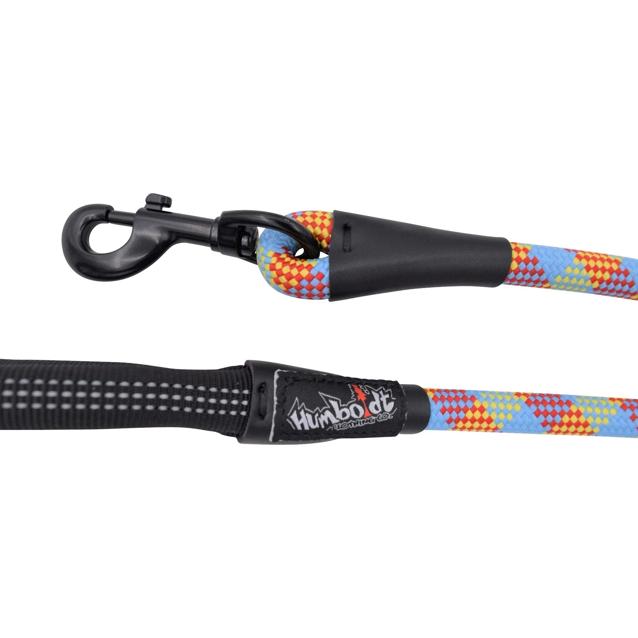 Colorful woven dog leash with black handle and clip, featuring Humboldt Clothing Co. logo patch