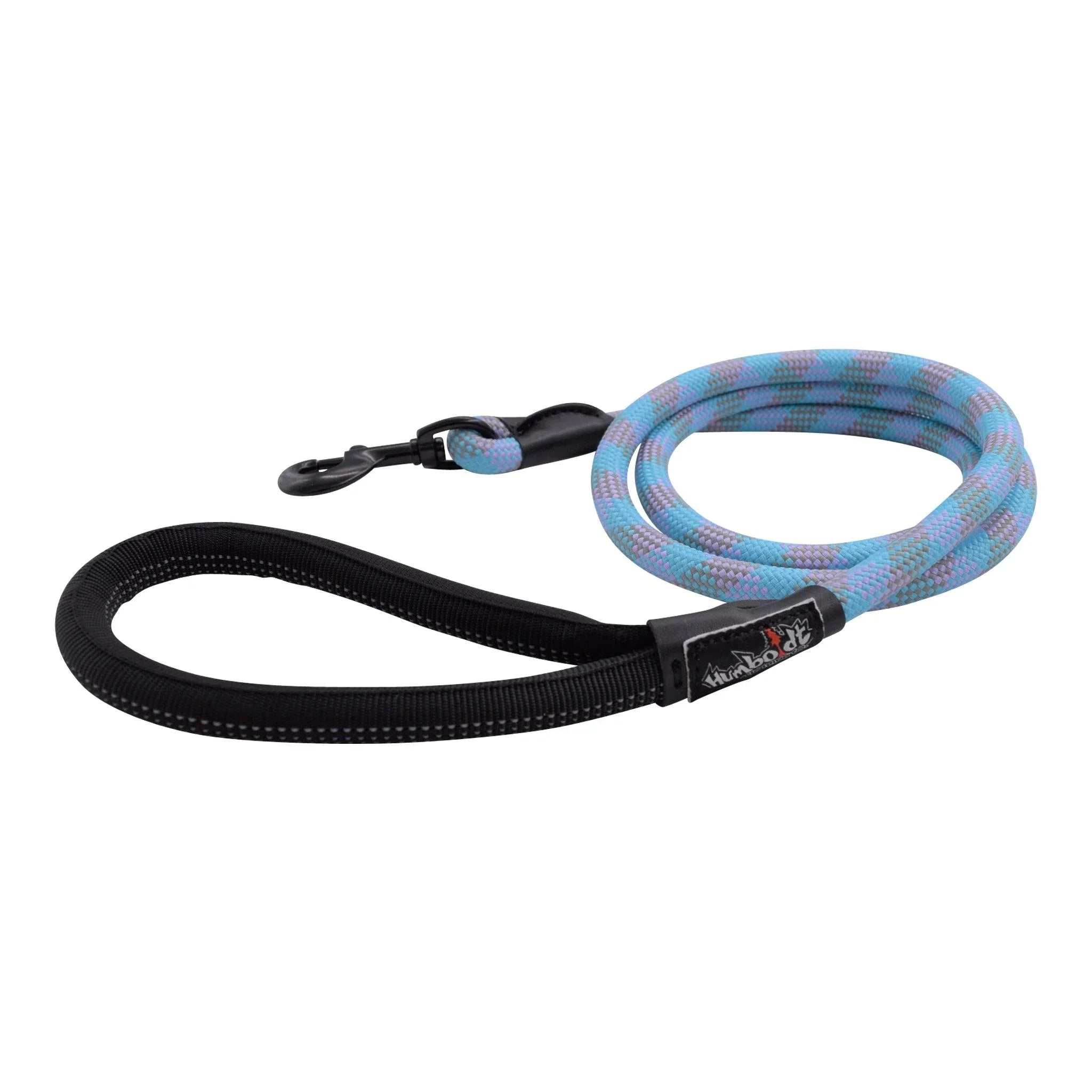 Durable dog leash with blue patterned rope and black padded handle, featuring Humboldt brand tag