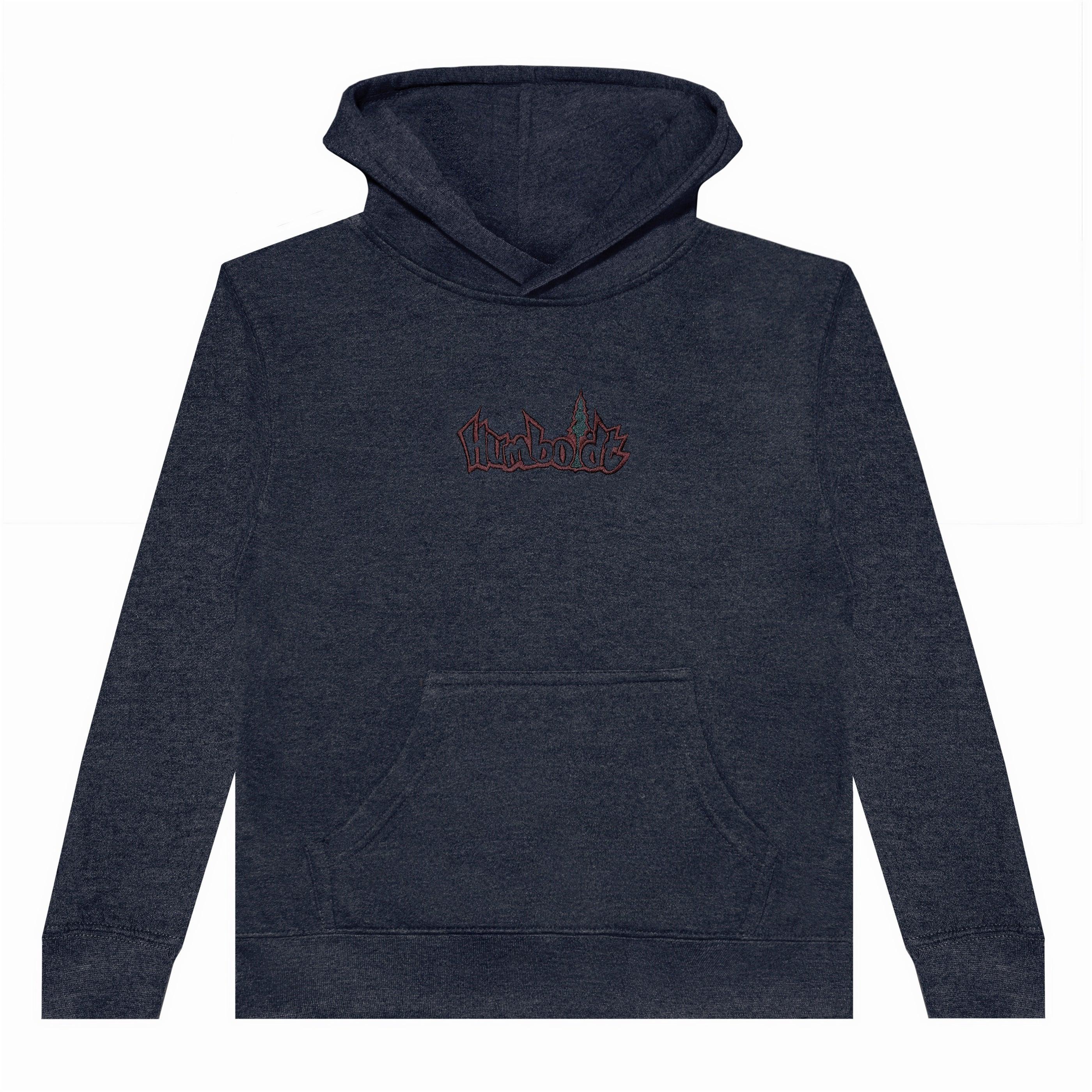 Dark navy hoodie with embroidered Humboldt logo, featuring outdoor streetwear style for Northern California vibes.