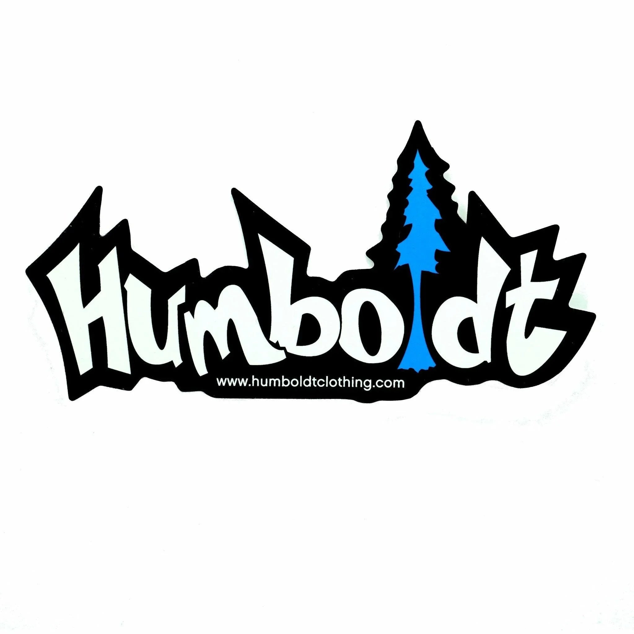 Humboldt Clothing Company logo sticker with blue pine tree, bold white text, and website URL on white background