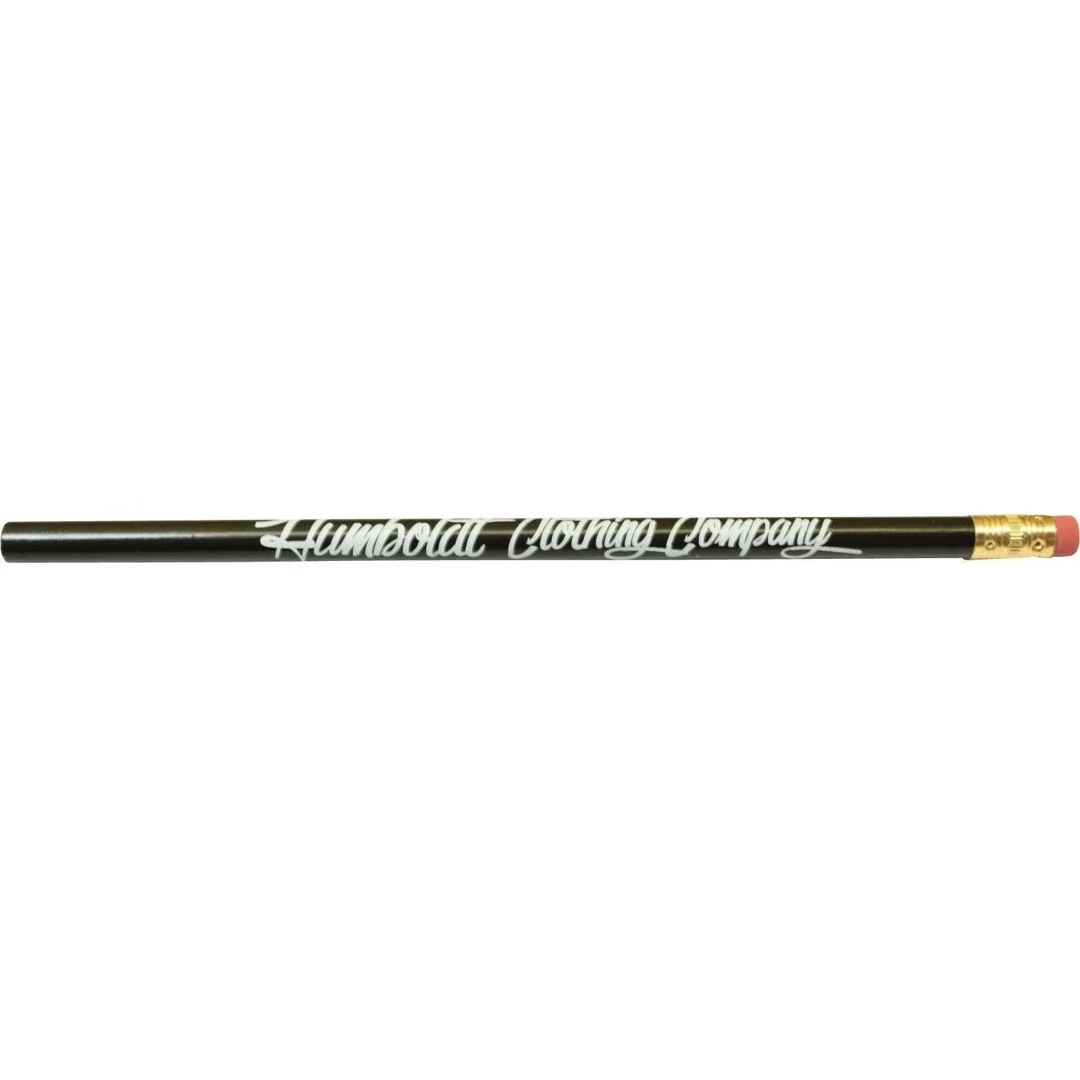 Black pencil with Humboldt Clothing Company script logo, gold ferrule, pink eraser