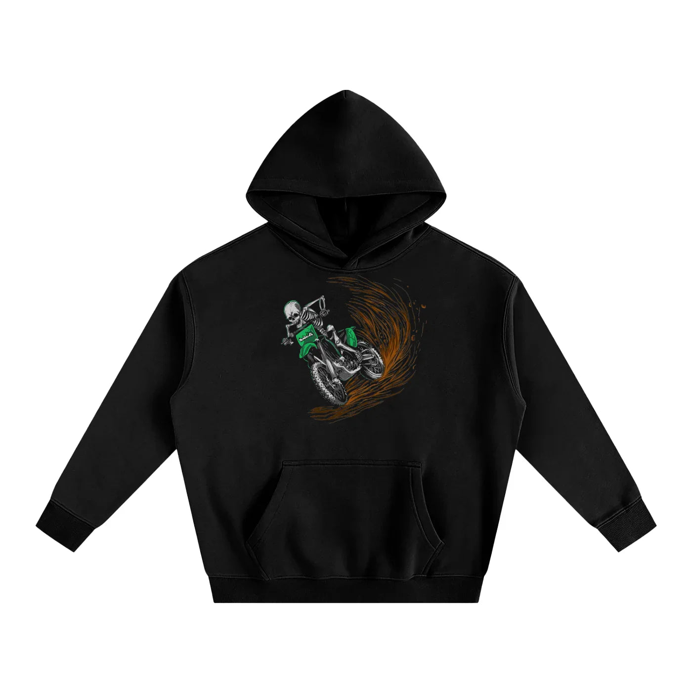 Black hoodie with a graphic design of a skeleton riding a dirt bike motorcycle on a white background