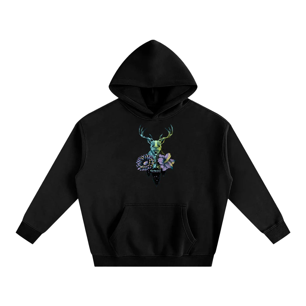 Black hoodie with a colorful deer and floral design on a white background. Text says Humboldt