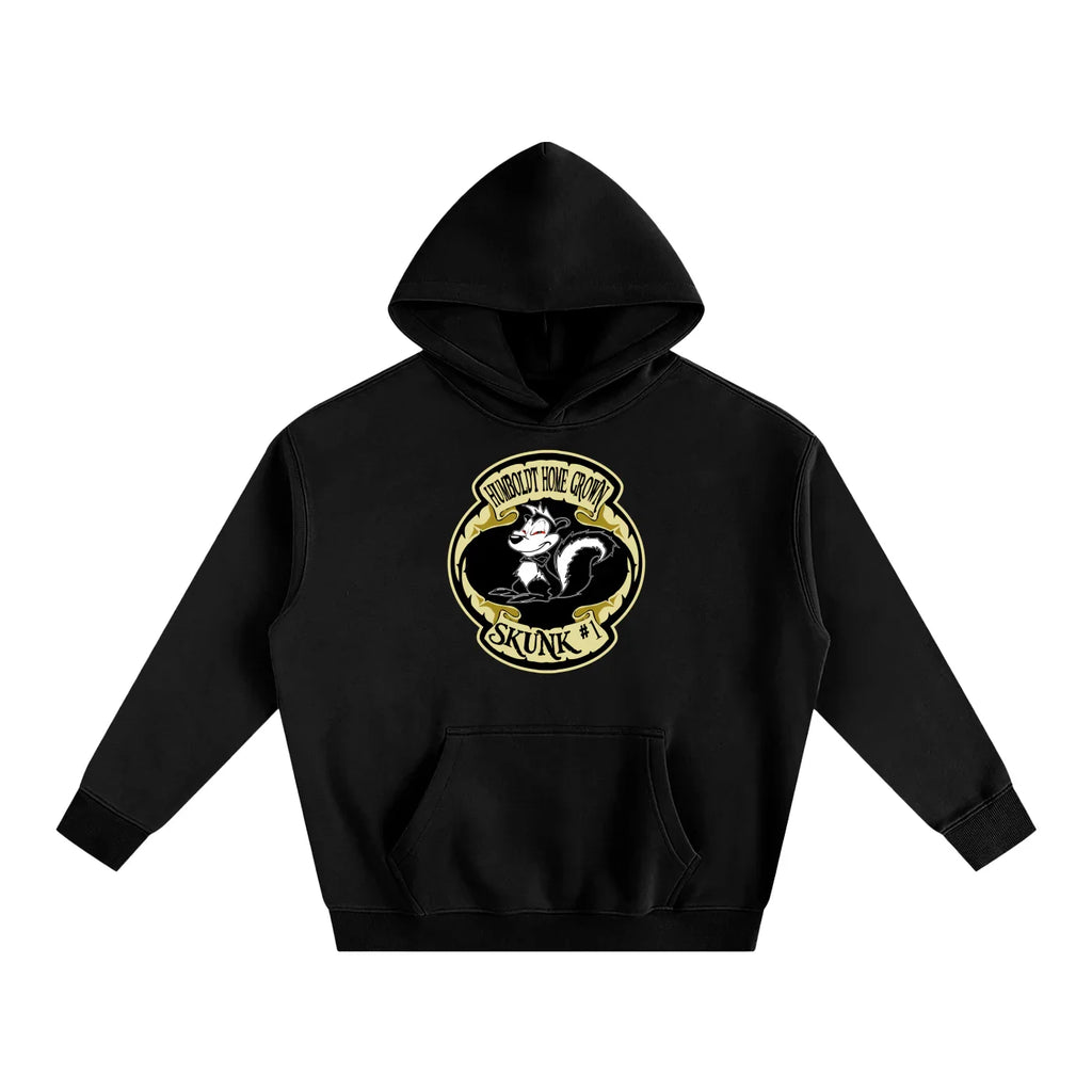 Black hoodie with a skunk graphic and text that says Humboldt Homegrown Skunk #1 