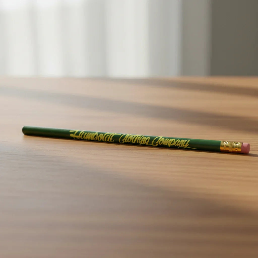 Green pencil with Humboldt Clothing Company logo, resting on wooden surface